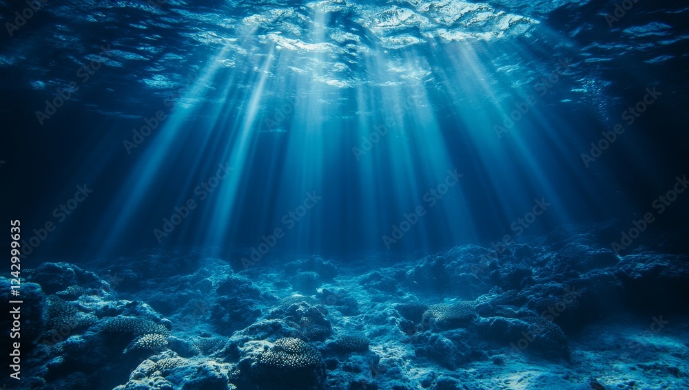 Underwater sunbeams illuminate ocean floor, background, peaceful scene Underwater sunbeams illuminate ocean floor, background, peaceful scene