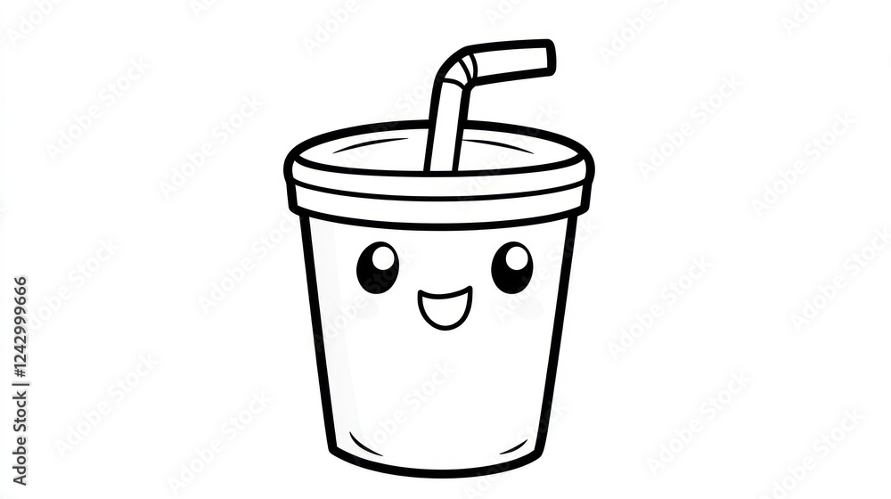 Cute cartoon soda cup with straw, kids' drink, white background, coloring page Cute cartoon soda cup with straw, kids' drink, white background, coloring page