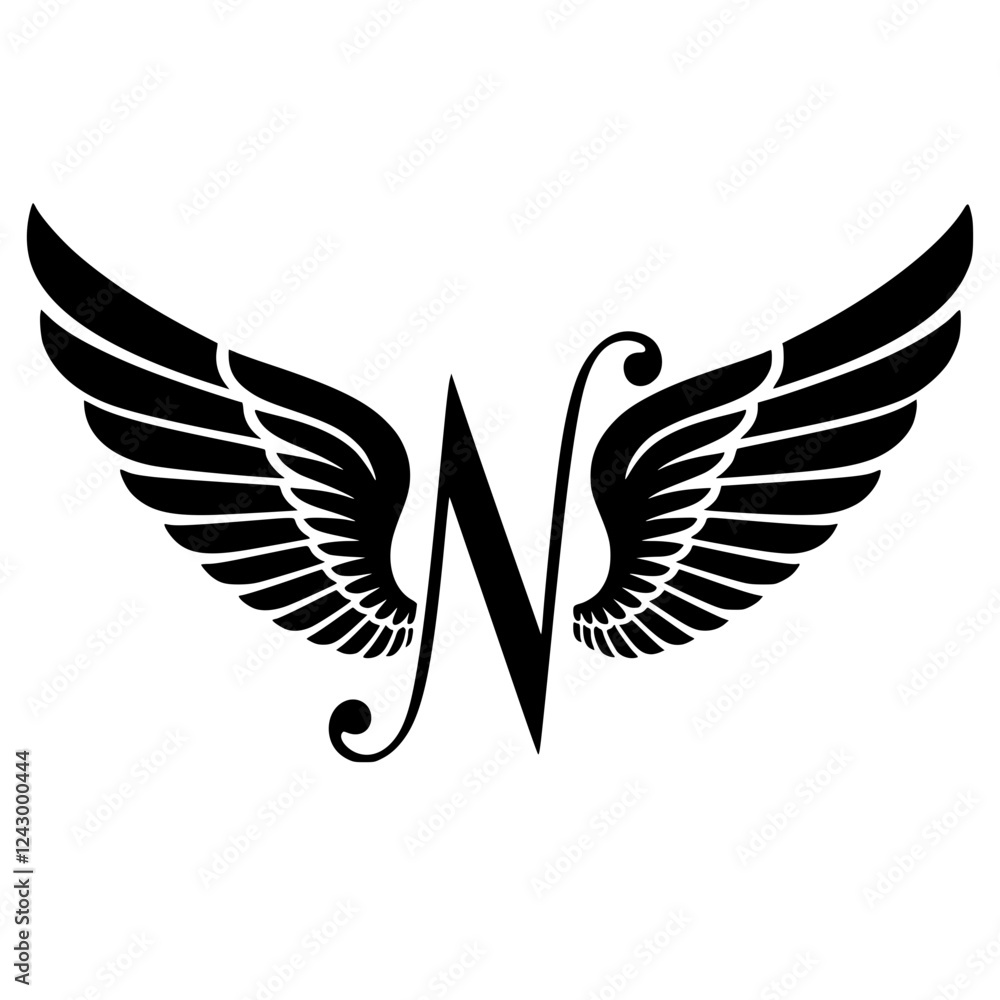 Fototapeta premium Winged Letter N Black Logo Design , Black letter N with symmetrical wings, forming a stylish and elegant logo. Ideal for branding, aviation, business, sports, or creative identity. 