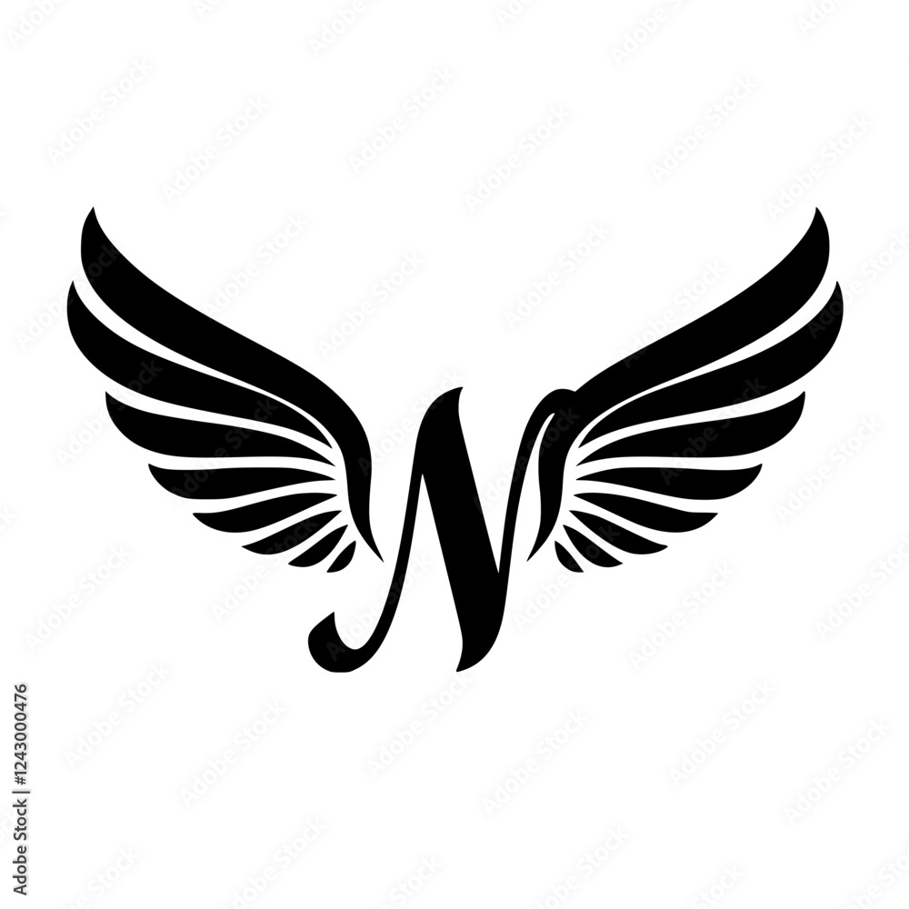 Fototapeta premium Winged Letter N Black Logo Design , Black letter N with symmetrical wings, forming a stylish and elegant logo. Ideal for branding, aviation, business, sports, or creative identity. 