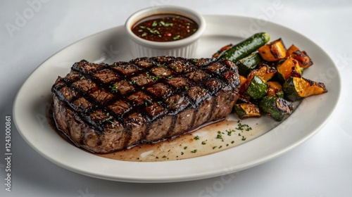 Rich and Savory Steak with Charred Vegetables and Flavorful Sauce on Plate