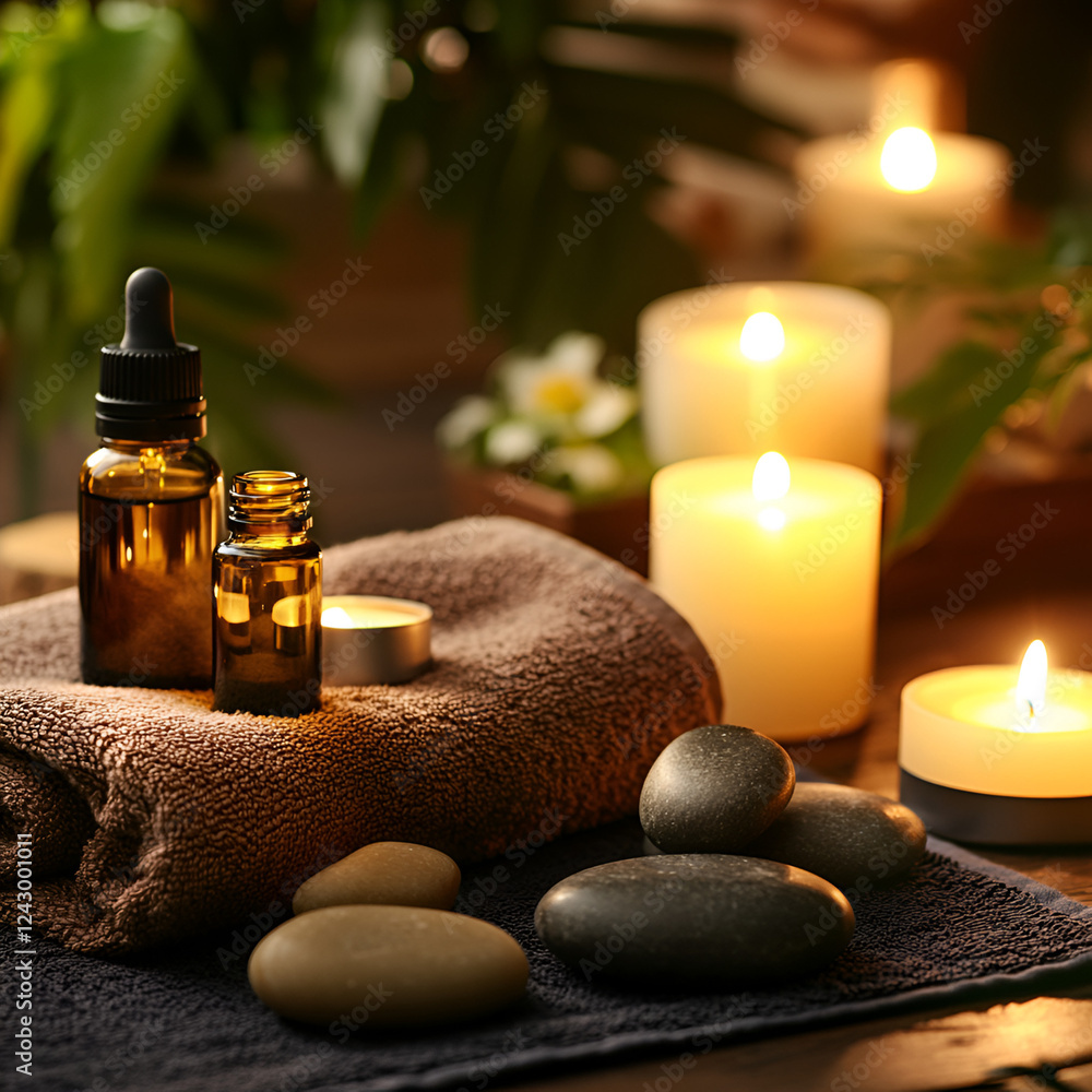 Serene Spa Moment: Two bottles of essential oil, a towel, massage stones, and candles create a tranquil scene, inviting relaxation and promoting well-being. Serene Spa Moment: Two bottles of essential oil, a towel, massage stones, and candles create a tranquil scene, inviting relaxation and promoting well-being.