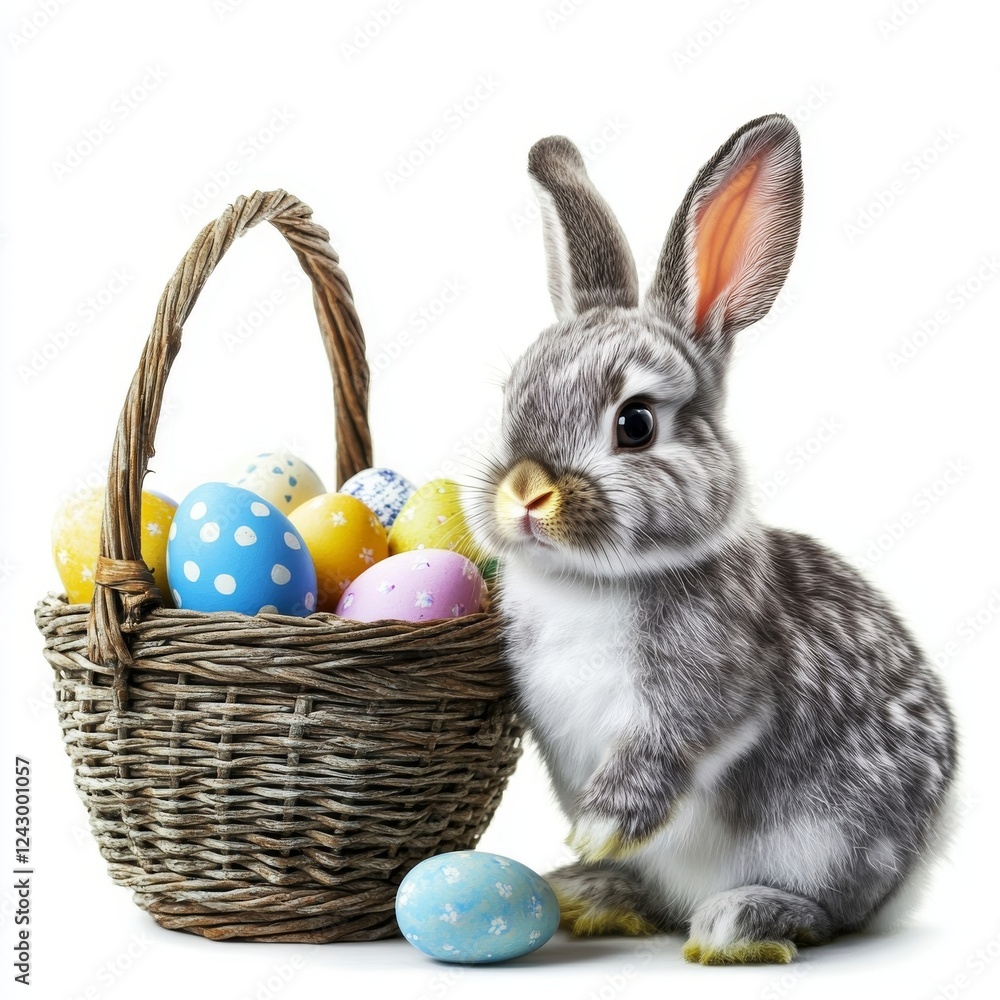 Adorable Gray Bunny with Easter Eggs in a Basket Adorable Gray Bunny with Easter Eggs in a Basket
