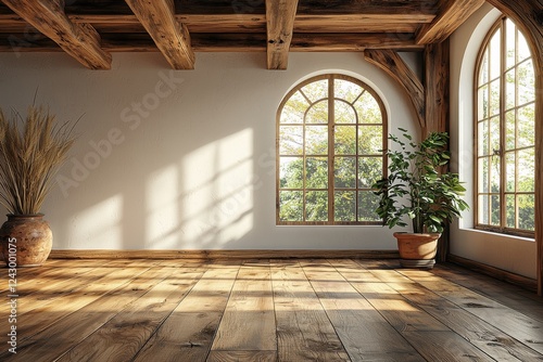 A minimalist styled empty room features white walls, a wood slat ceiling, indoor green plants, and a wooden floor