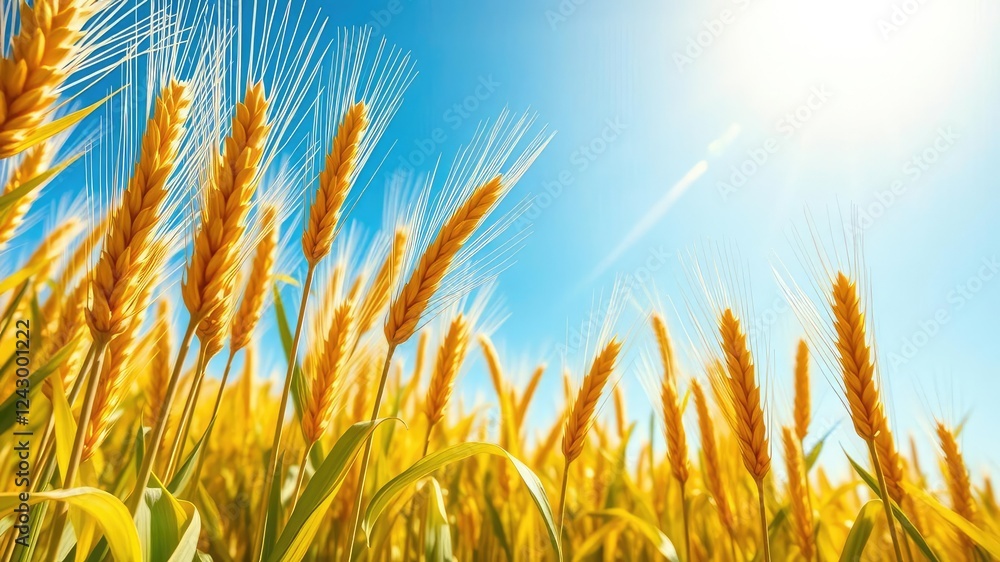 Ripe wheat ears ripe on the stalks in a lush yellow field under a radiant blue sky, with a sense of abundance and fruitful promise, grain crops, sunny day Ripe wheat ears ripe on the stalks in a lush yellow field under a radiant blue sky, with a sense of abundance and fruitful promise, grain crops, sunny day