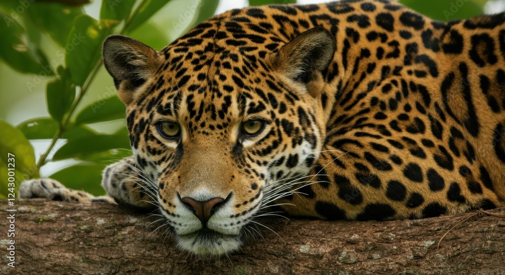 Resting jaguar on tree branch in lush greenery Resting jaguar on tree branch in lush greenery