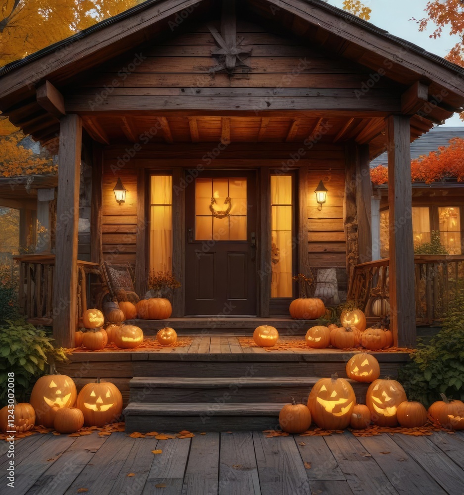 Obraz premium Rustic wooden house porch with several glowing jack-o-lanterns, autumn leaves, and natural surroundings, autumn leaves,