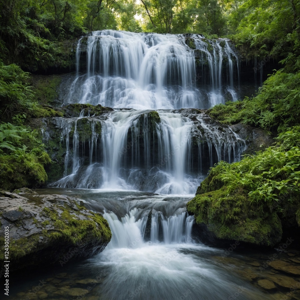 A crystal-clear waterfall cascading down, surrounded by vibrant greenery, floating against a pure white backdrop. A crystal-clear waterfall cascading down, surrounded by vibrant greenery, floating against a pure white backdrop.
