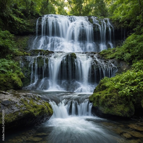 A crystal-clear waterfall cascading down, surrounded by vibrant greenery, floating against a pure white backdrop.