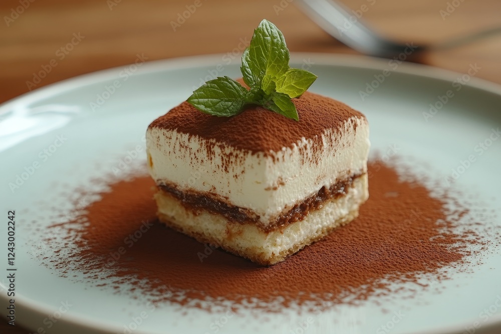 Tiramisu dessert on plate, cocoa powder, mint Tiramisu dessert on plate, cocoa powder, mint