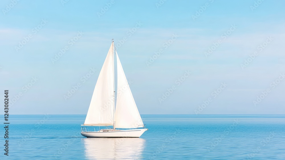 Sailboat gliding on calm ocean, sunny sky background; travel, leisure Sailboat gliding on calm ocean, sunny sky background; travel, leisure
