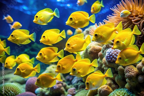 School of yellow tang fish swimming together near a coral formation, underwater world, ocean creatures, sea life