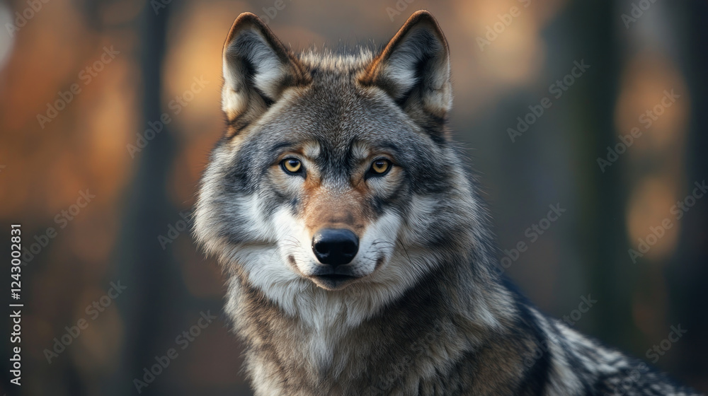 Fototapeta premium majestic wolf stands in forest, its piercing eyes and thick fur highlighted by soft, warm light filtering through trees. serene yet powerful presence of wolf is captivating
