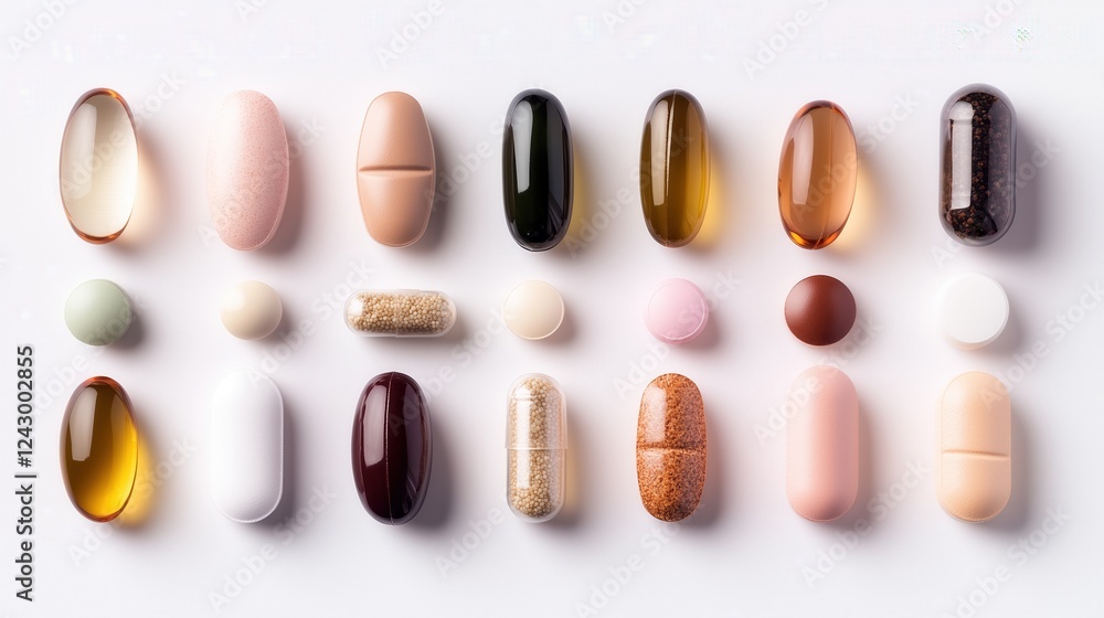 Obraz premium A variety of capsules, tablets, and vitamins neatly arranged on a white background, showcasing a wide range of dietary supplements and pharmaceutical products. The colorful shapes and textures symboli