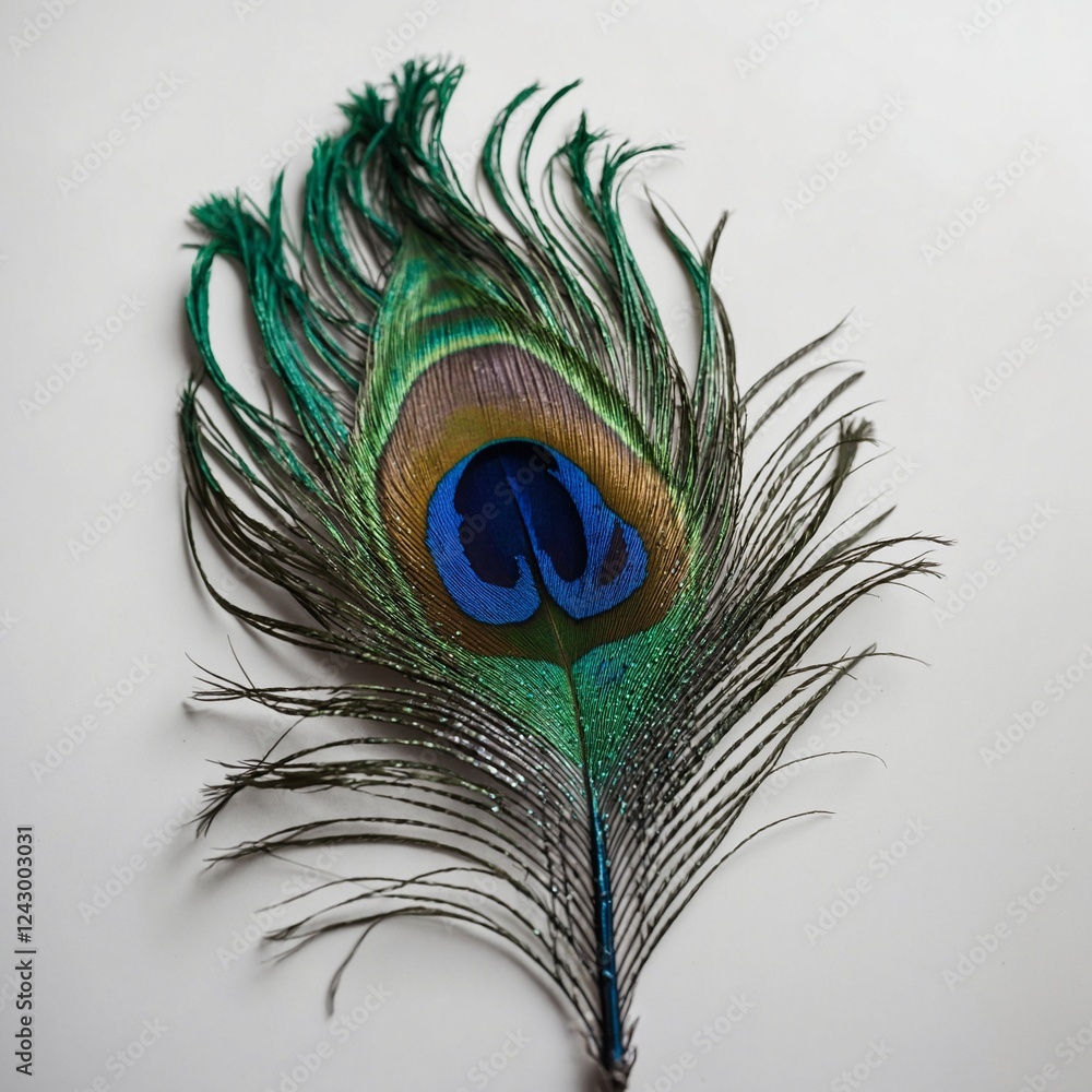 Fototapeta premium A peacock feather with stunning blue and green hues, floating on a white backdrop.