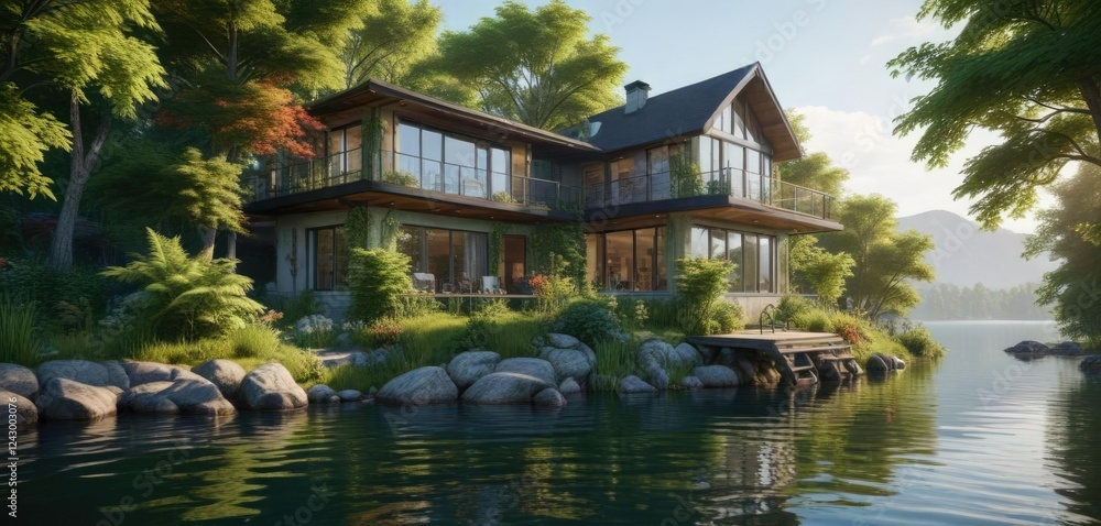 serene lakefront house with lush greenery and a tranquil atmosphere , residential area, calmness, tranquility