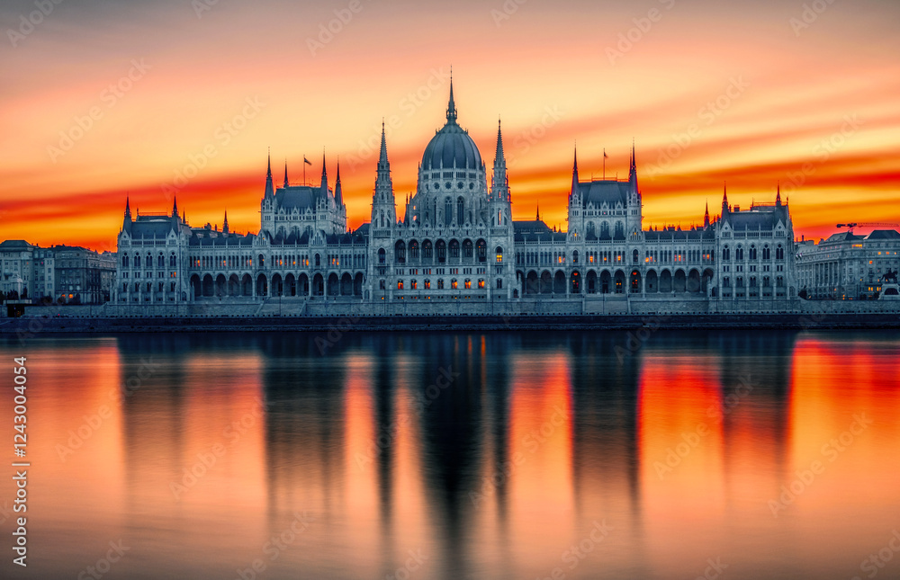 Obraz premium Hungarian parliament building in budapest ar sunrise