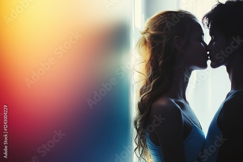 Two figures lean in for a tender kiss, illuminated by warm hues, capturing the essence of love in a modern artistic style