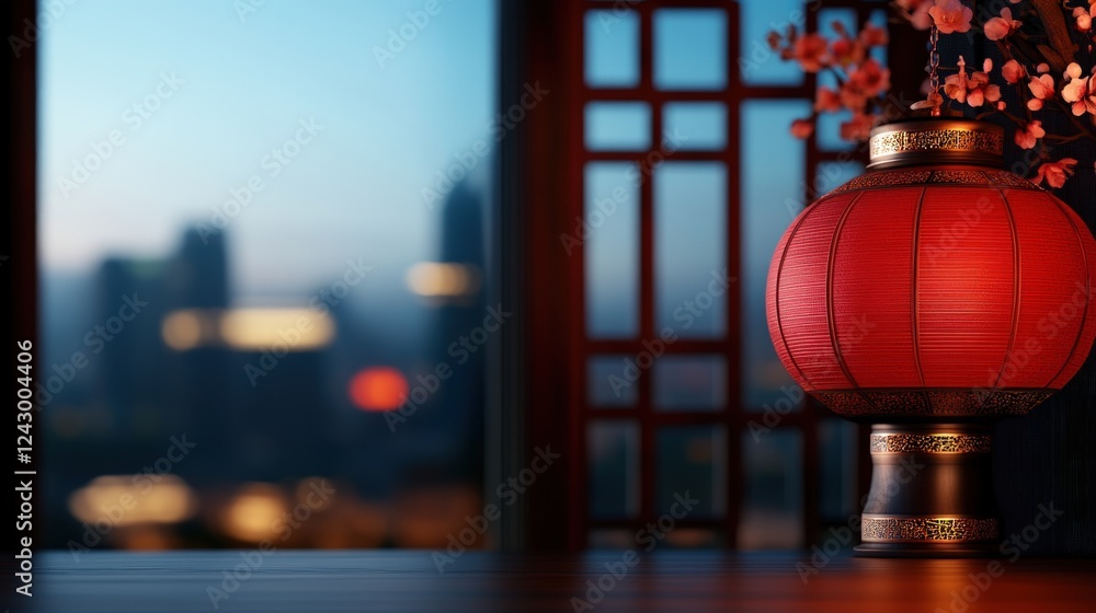 Serene Evening Glow: A Red Chinese Lantern Illuminates a Cityscape Serene Evening Glow: A Red Chinese Lantern Illuminates a Cityscape