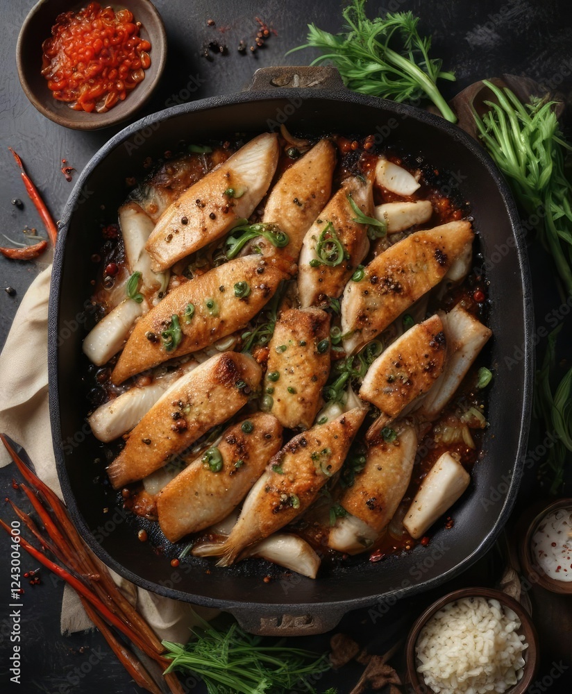 Sizzling pan of Shanghai fried salted fish with szechuan pepper and scallions , savory aromas, chinese stir fry Sizzling pan of Shanghai fried salted fish with szechuan pepper and scallions , savory aromas, chinese stir fry