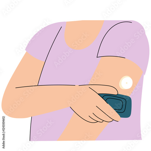 Woman wearing a wearable blood sugar monitor. Diabetes management and health technology.