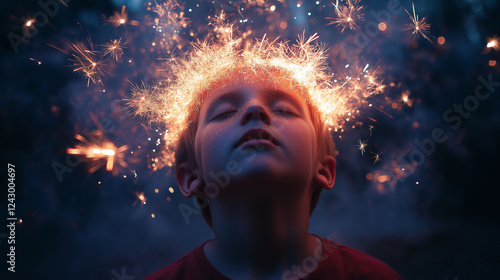A young boy with a head full of sparkling fireworks, each firework representing a different dream, soft light illuminating the burst of colors