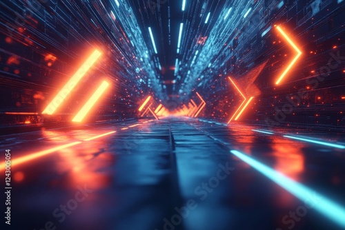 Abstract 3D rendering of glowing arrows in motion. High-tech sci-fi design., Generative AI