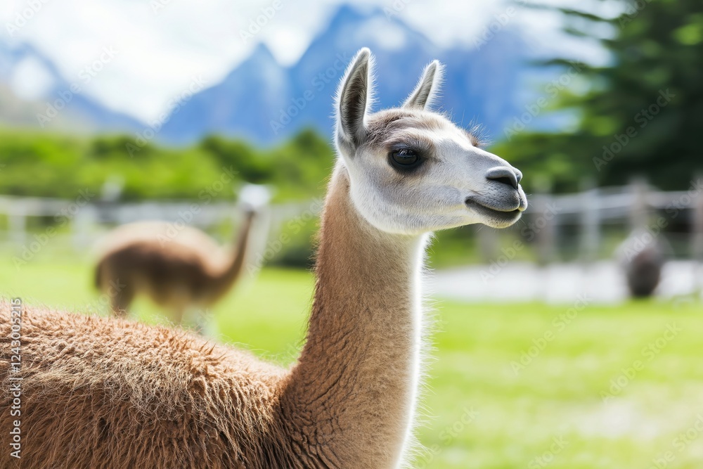 Obraz premium Guanaco admires the majestic Andes mountains in Torres del Paine National Park, Patagonia