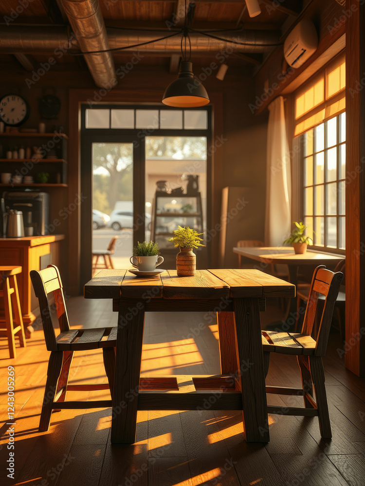 Small wooden table in sunlight at local coffee spot, peace, spot, wooden table Small wooden table in sunlight at local coffee spot, peace, spot, wooden table