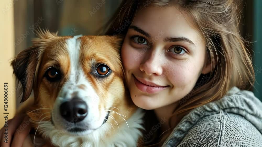 Woman embraces dog, showcasing bond and warmth in cozy indoor setting Woman embraces dog, showcasing bond and warmth in cozy indoor setting