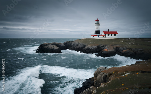 Lonely lighthouse on a rugged coastline photo