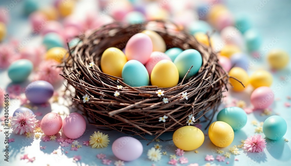 Easter Egg Shaped Chocolate Candies with Marshmallow Filling in a Nest, square
Easter Egg Shaped Chocolate Candies with Marshmallow Filling in a Nest, square