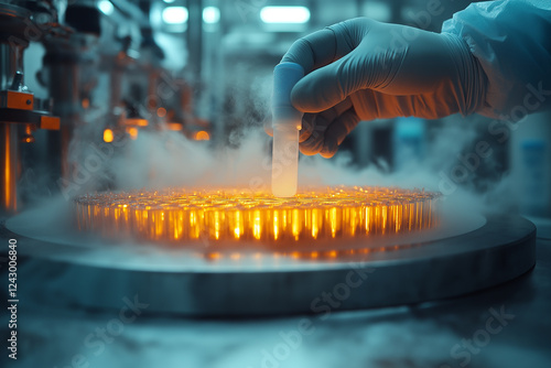 Person Placing A Piece Of Paper Into A Tray Of Liquid Inside A Medical Research Laboratory, Handling Advanced Equipment In A High-Tech Facility. Generative Ai photo