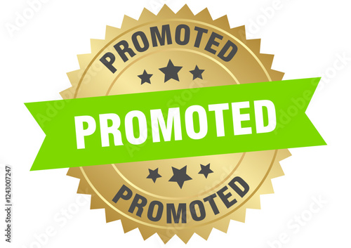 promoted. promoted round green and gold label isolated on transparent background