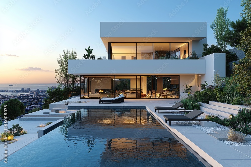 Fototapeta premium A hi-tech style house exterior with designer panoramic windows and a swimming pool, created using generative AI