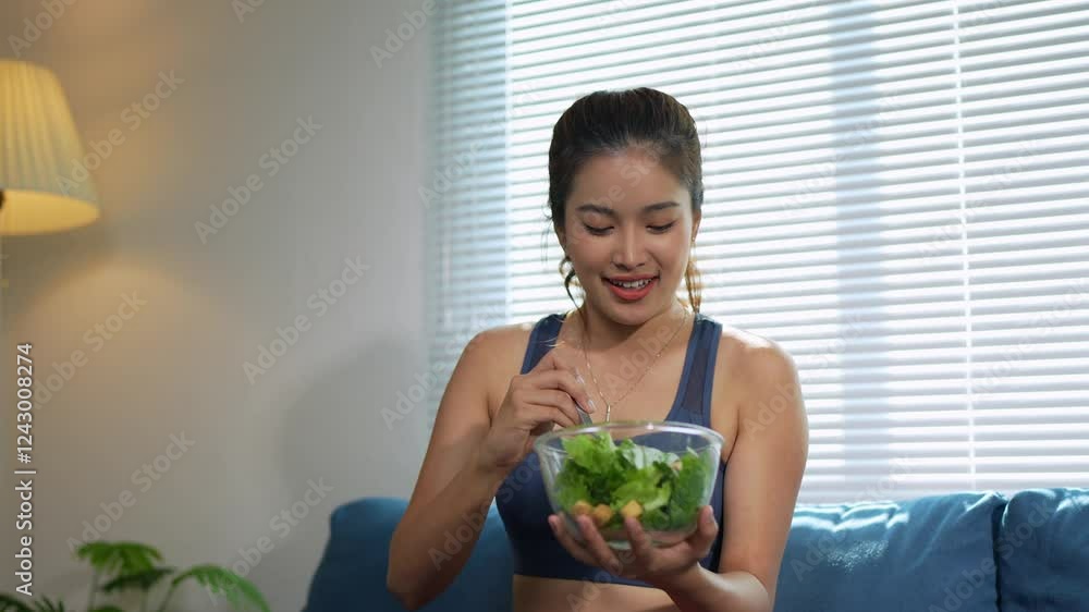 Sporty asian woman enjoying fresh green salad while sitting comfortably on living room sofa, embodying wellness and healthy lifestyle approach