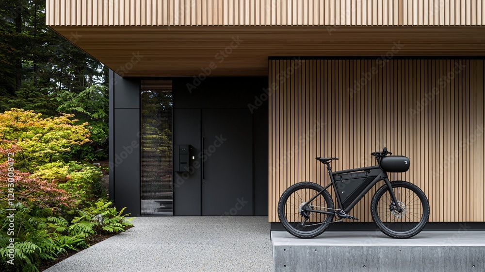A bicycle parked beside a home entrance, promoting a car-free lifestyle, sustainable commuting, eco-conscious daily choices, modern suburban home, greenery, high-resolution, lifestyle aesthetic A bicycle parked beside a home entrance, promoting a car-free lifestyle, sustainable commuting, eco-conscious daily choices, modern suburban home, greenery, high-resolution, lifestyle aesthetic