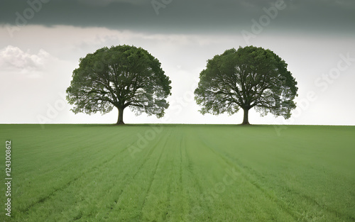 Wide open field with a twice tree