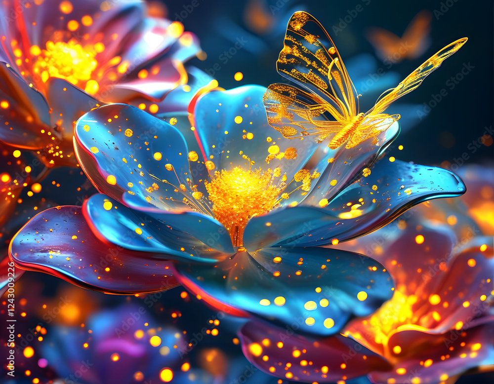 Golden Butterfly on Colorful Flowers Golden Butterfly on Colorful Flowers