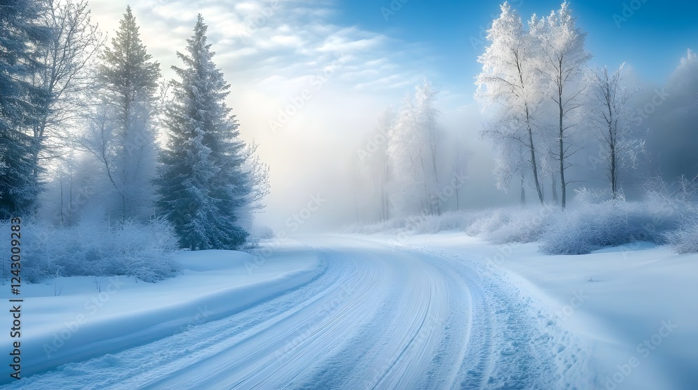 Naklejka premium Winter Road winds Through Snowy Forest