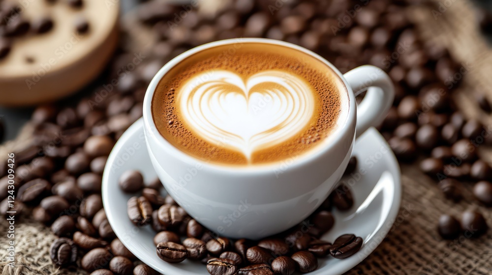 Aromatic Latte Art: Heart-Shaped Cappuccino Amidst Coffee Beans Aromatic Latte Art: Heart-Shaped Cappuccino Amidst Coffee Beans