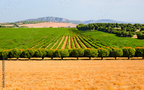 Wide open field with a orange trees