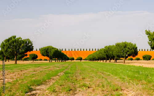 Wide open field with a orange trees