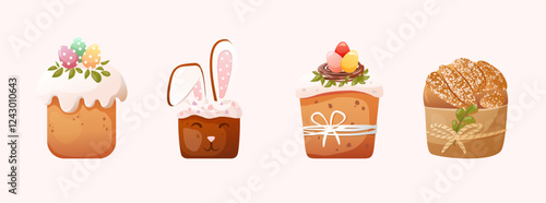 Easter cake set with white glaze decorated with decorative eggs, chocolate pieces, greens and meringue