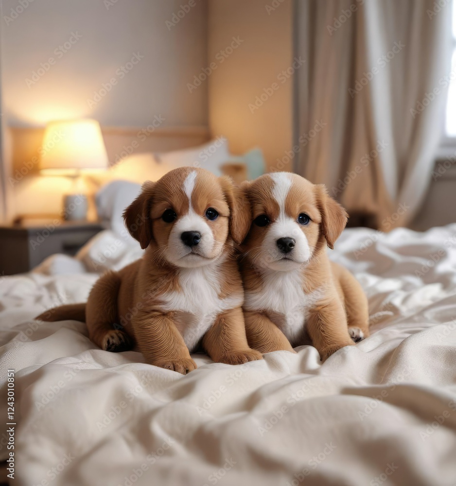 Puppies cuddling with their favorite stuffed animals in a bedroom, friendship, cuddle Puppies cuddling with their favorite stuffed animals in a bedroom, friendship, cuddle