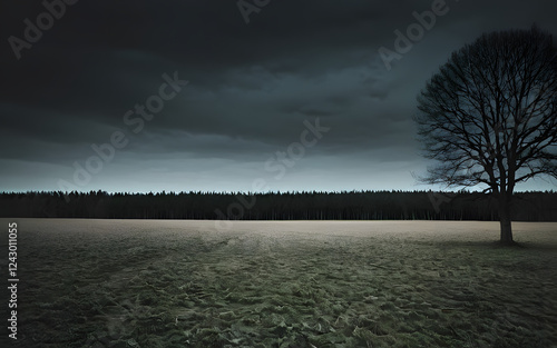 Wide open field with a dark trees