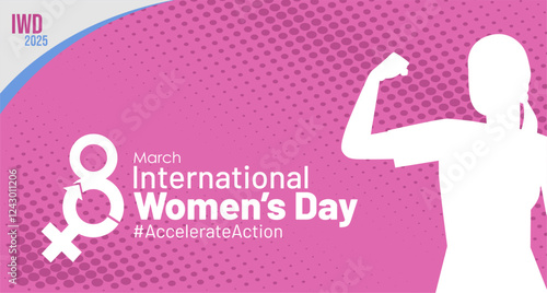 Dynamic pink international women's day 8 March 2025 celebration banner and background with flexing female gesture, 8 symbol combined with female symbol. IWD 2025 campaign with hastag #AccelerateAction