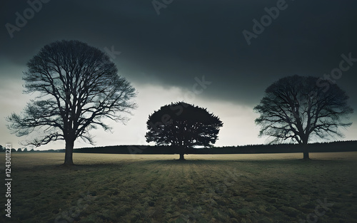 Wide open field with a dark trees