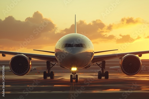 An AI Stock image of a passenger jet on the runway at dusk.