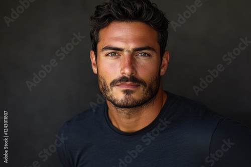 Handsome man portrait, dark background, serious expression, headshot